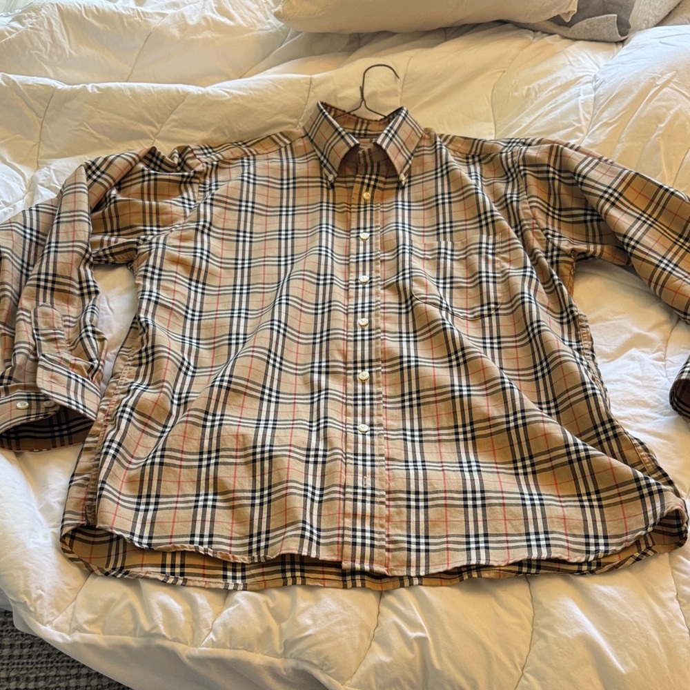Burberry Beige and Black Plaid Button Down Shirt